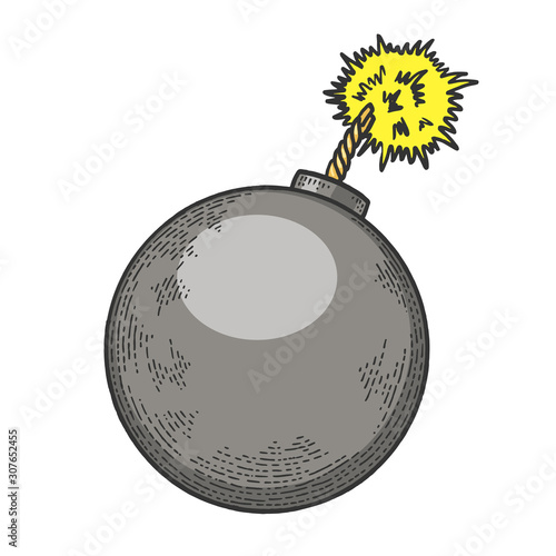 Bomb with burning fuse sketch engraving vector illustration. T-shirt apparel print design. Scratch board style imitation. Black and white hand drawn image.