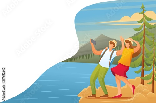 Tourists explore the beauty of nature, vacationers are photographed in the woods. Flat 2D character. Concept for web design