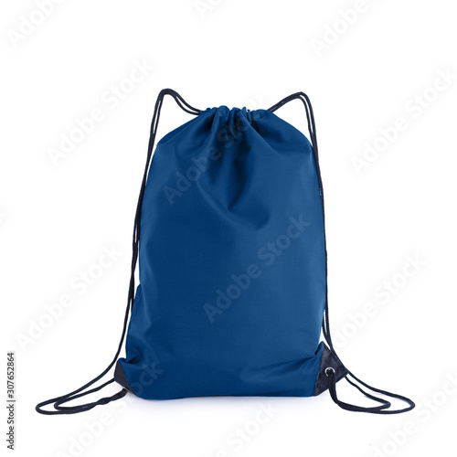 Classic blue drawstring pack template, bag for sport shoes isolated on white.