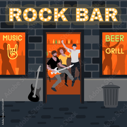 Rock party in the beer bar.  People have fun with music. Vector flat illustration.