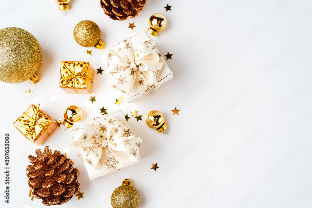 christmas golden background, christmas decoration, cones, balls, glitter, flat lay christmas golden background, christmas decoration, cones, balls, glitter, flat lay