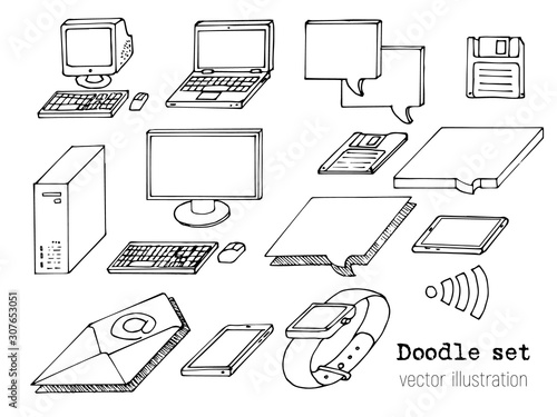 Set of sketch computers. Doodle pc, laptop, tablet, floppy, mail, chat box. Retro Computer icon in Hand-drawn style. Cartoon elements. Vector illustration.