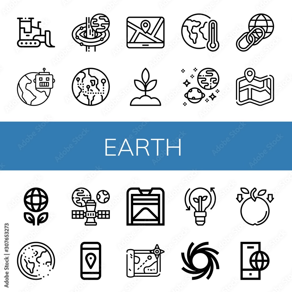 Fototapeta premium Set of earth icons such as Bulldozer, Global, Black hole, Globe, Map, Sprout, Global warming, Universe, Earth, Ecology, Ozone, Satellite, Gps, Compost, Clean energy, Gravity , earth