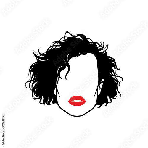 Curly hair styling vector image. Femily haircut silhouette. Woman face with wavy short hair and red lips.