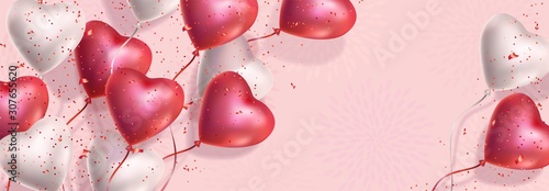Valentines Day banner. 3d red white heart-shaped helium balloons, confetti. Vector