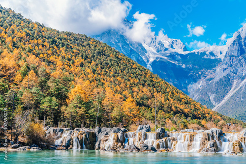 Scenery of Blue Moon Valley Waterfall, Yulong Snow Mountain, Lijiang, Yunnan, China