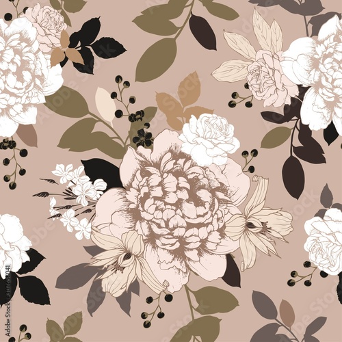 Seamless vector pattern with elegant bouquet. Floral background with peonies, roses, clematis