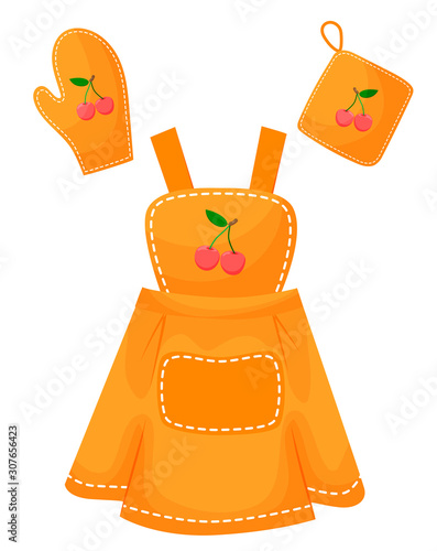 Vector illustration of kitchen orange apron, oven glove with cherry drawing isolated on white background