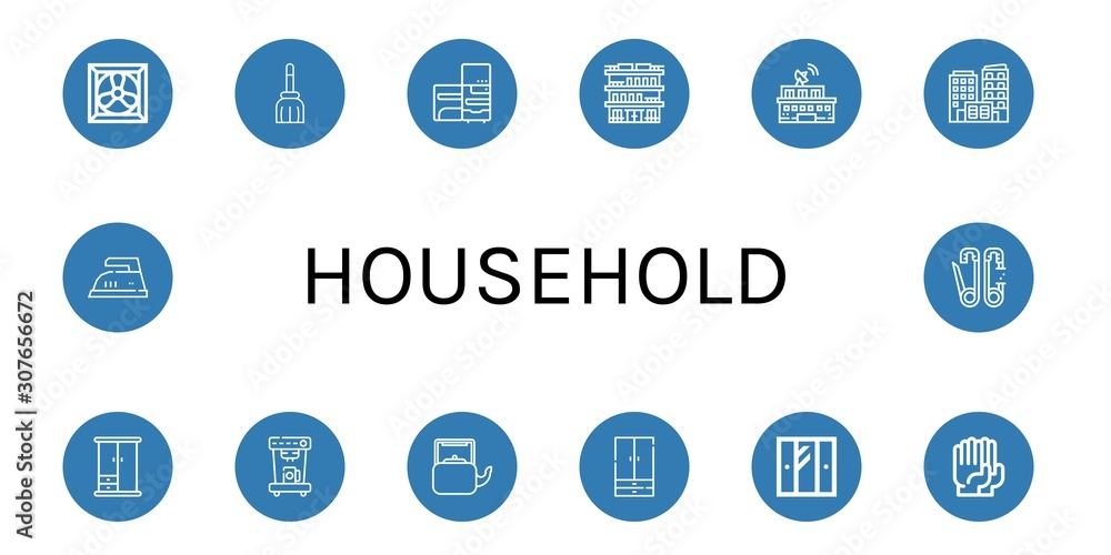 Set of household icons such as Cooling system, Broom, Refrigerator, Building, Wardrobe, Coffee machine, Kettle, Gloves, Iron, Safety pin , household Set of household icons such as Cooling system, Broom, Refrigerator, Building, Wardrobe, Coffee machine, Kettle, Gloves, Iron, Safety pin , household
