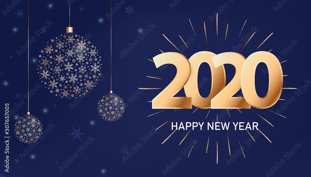 Vector poster with golden numbers 2020, firework and snowflakes balls for Happy New Year. Bright gold date 2020 for greeting, card, invitation on trendy classic blue background. Xmas minimal design.
