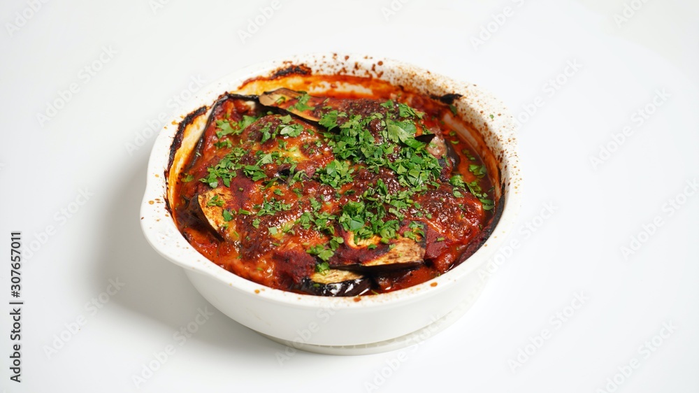 Eggplant with ground beef in tomato sauce in the oven Eggplant with ground beef in tomato sauce in the oven