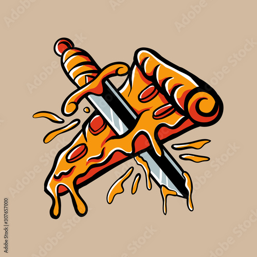 vector illustration of slice pizza.  Pizza stabbed by a sword. Pizza traditional tattoo design. clip art for tshirt design, stickers, poster, wall art, web, or phone wallpaper