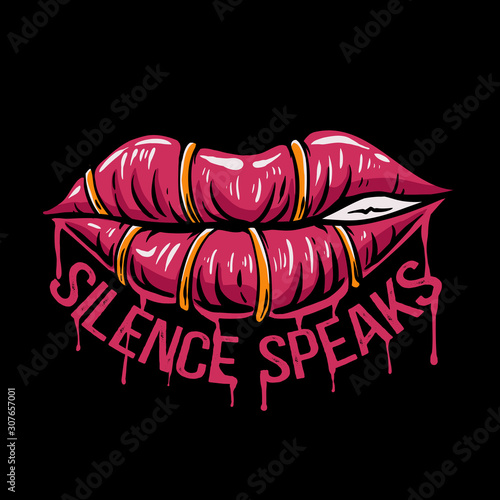 Lips vector illustration. Sewn lips with blood. Silence speaks quotes. Lips design for tshirt, stickers, web landing page, stickers, or poster