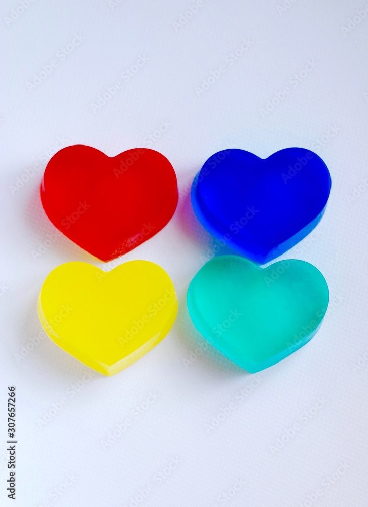 hearts on light background, flatlay, soap bars