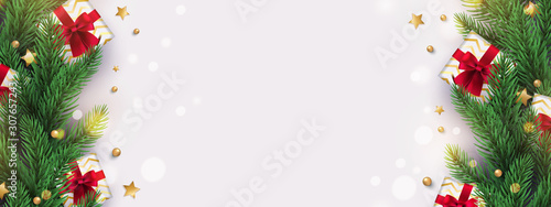 Merry Christmas and Happy New Year background with border frame made of Realistic Festive Elements - gifts boxes, fir branches, glitter gold stars confetti. Xmas poster, banner, greeting card or decor