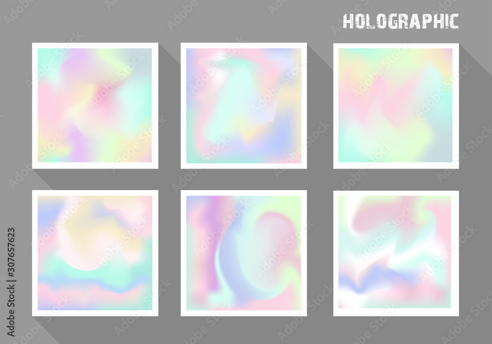 Set of holographic gradient abstract background in pastel and neon color design. Vector illustration. Isolated