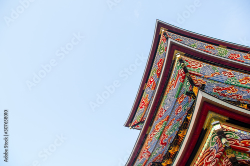 Colorful underside of an ancient building in Japan