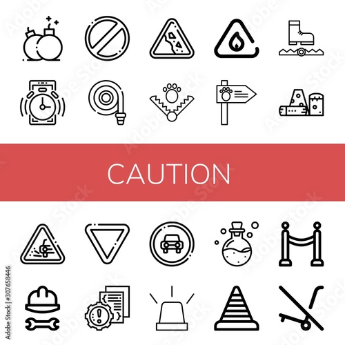 Set of caution icons such as Bomb, Alarm, Forbidden, Fire hose, Falling rocks, Trap, Flammable, Road sign, Obstacle, Loose gravel, Helmet, Yield, Error, Traffic sign , caution