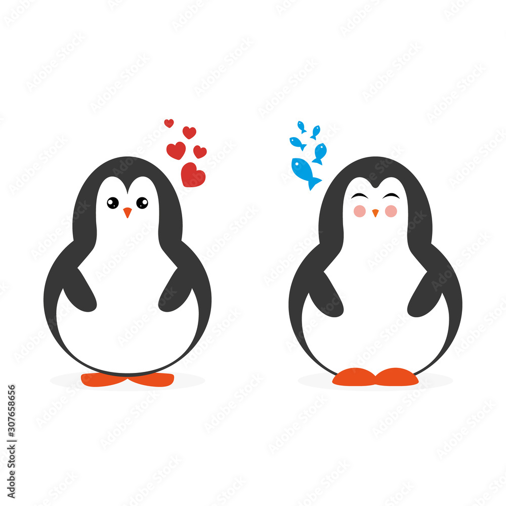 Fototapeta premium Two cute cartoon penguin for Merry Christmas and New Year’s celebration vector illustration. Love, hearts and fishes in dreams.