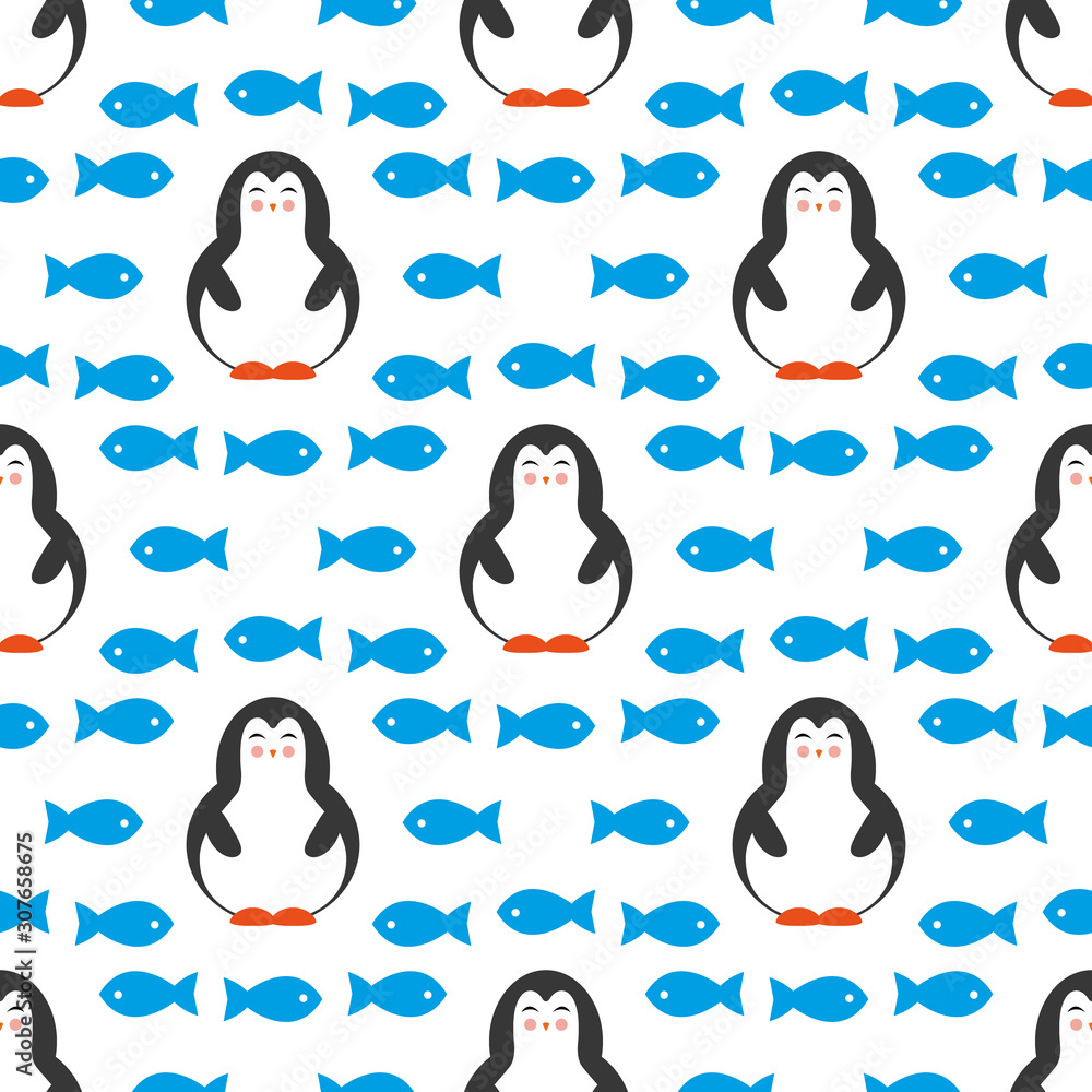 Obraz premium Penguin with fish seamless pattern background. Cute Christmas cartoon doodle vector illustration with fishes.
