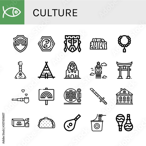 Set of culture icons such as Christianity, Pride, Yin yang, Mask, Stonehenge, Bead, Balalaika, Teepee, Great sphinx of giza, Big ben, Torii, Pipe of peace, Sushi roll , culture
