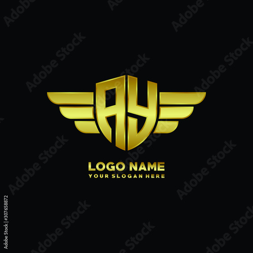 initial letter AY shield logo with wing vector illustration, gold color