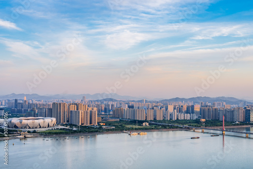 High angle view of urban buildings along the Qianjiang River in Hangzhou, Zhejiang, China