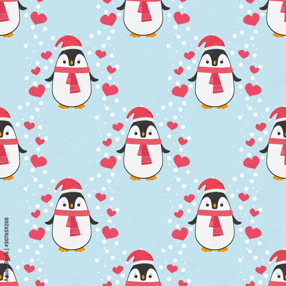 Penguin seamless pattern background. Cute Christmas cartoon doodle vector illustration with hearts