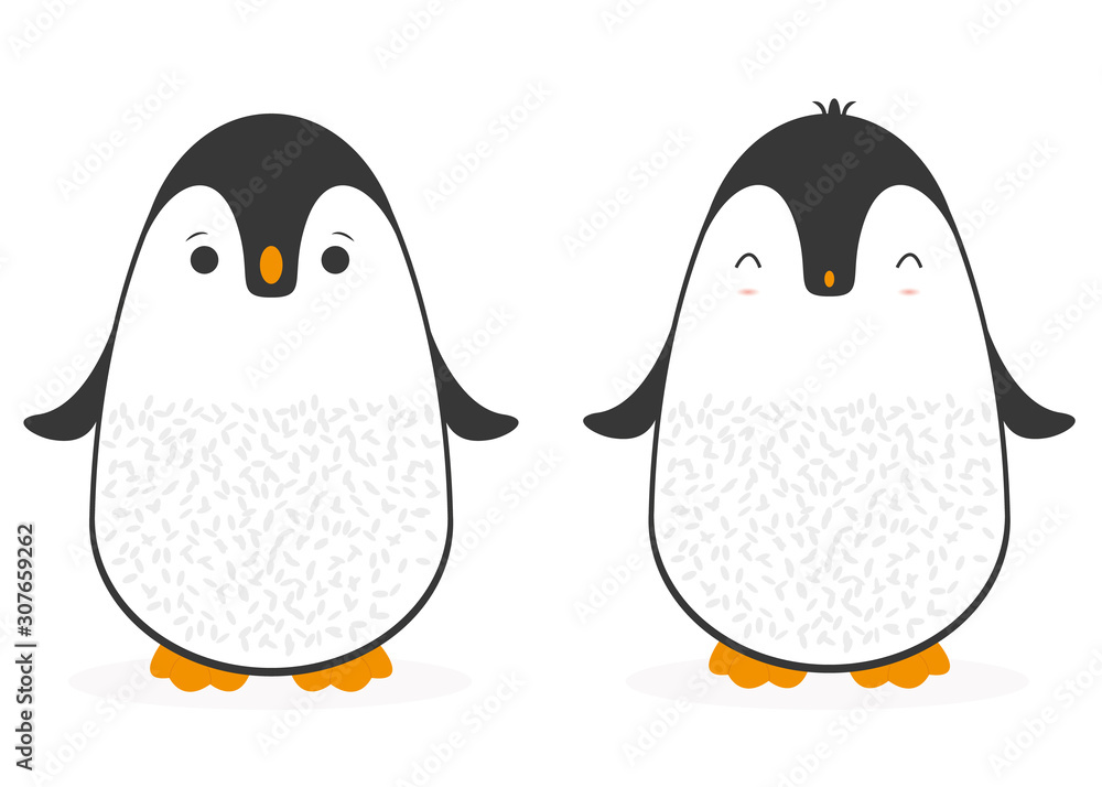 Fototapeta premium Cute cartoon penguin family for Merry Christmas and New Year’s celebration doodle vector illustration.