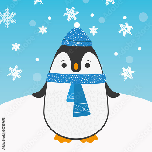 Cute happy cartoon penguin with blue warm hat and blue scarf greeting card for Merry Christmas and New Year’s celebration under snow and snowflakes vector illustration.
