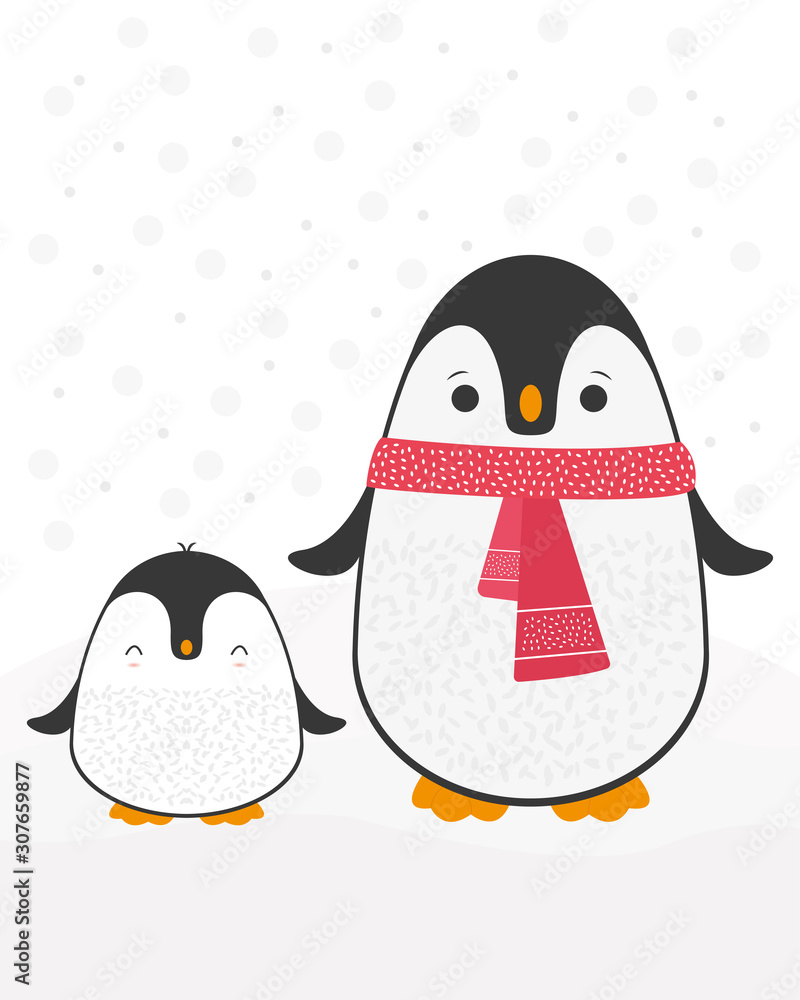 Fototapeta premium Cute cartoon penguin family greeting card for Merry Christmas and New Year’s celebration with red scarf under snow doodle vector illustration.