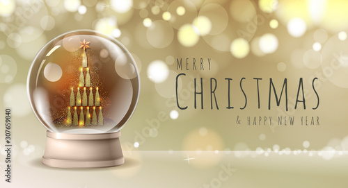 Realistic vector illustration of snow globe with golden champagne bottles inside. Blurred holiday christmas sparkle background