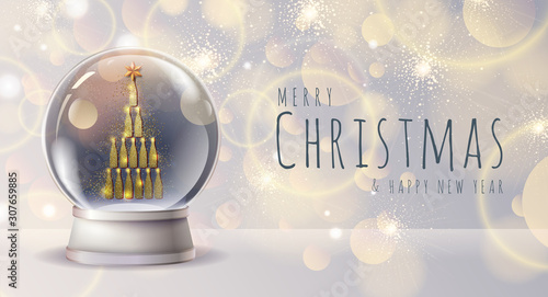 Realistic vector illustration of snow globe with golden champagne bottles inside. Blurred holiday christmas sparkle background photo