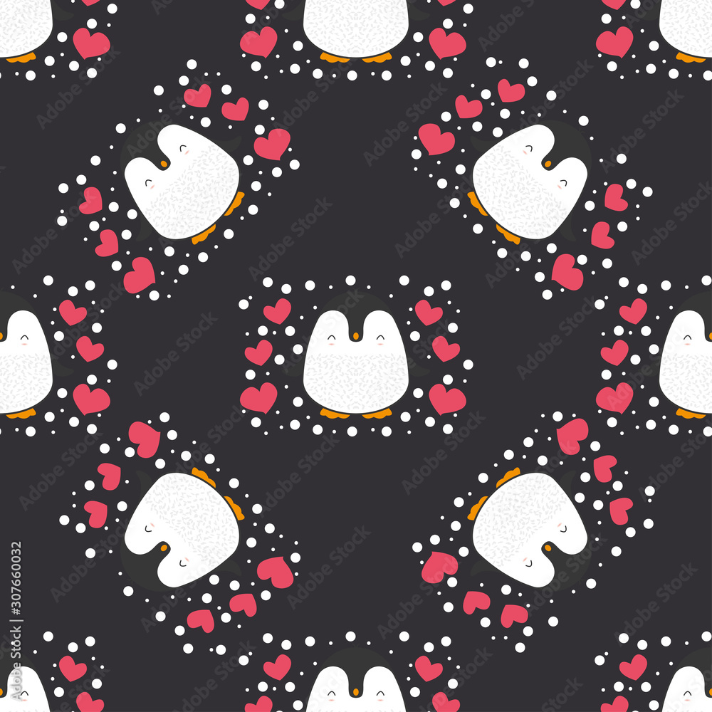 Penguin seamless pattern background. Cute Christmas cartoon doodle vector illustration.