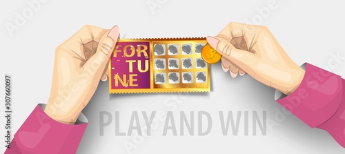 Scratch lottery ticket template. Scratch lottery in hands isolated. Jackpot template advertising. A hand scratching a lottery coins. Realistic vector illustration