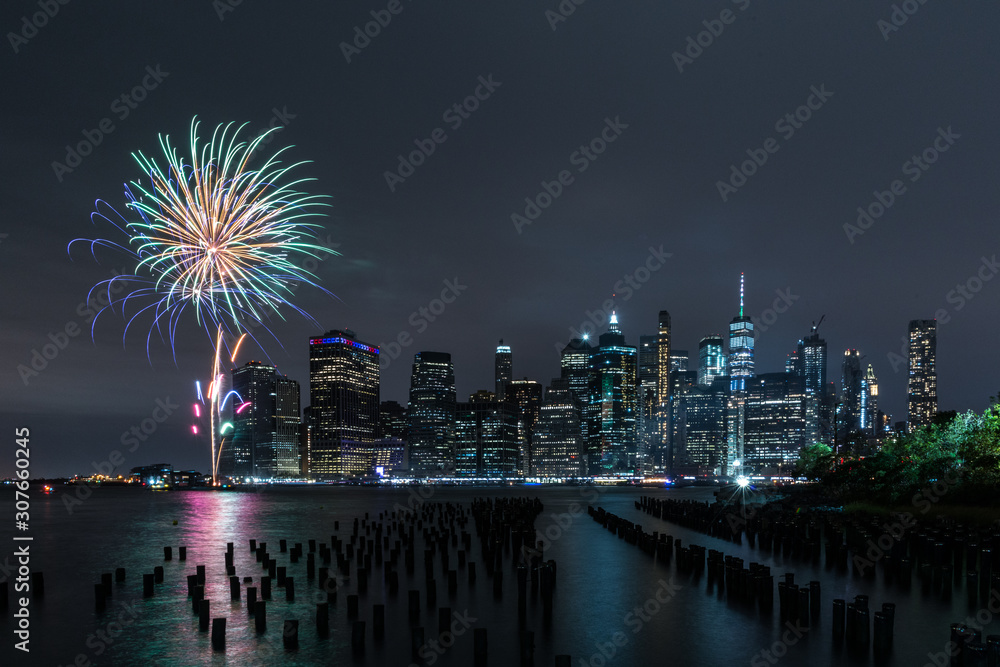Fireworks over the skyline of NYC