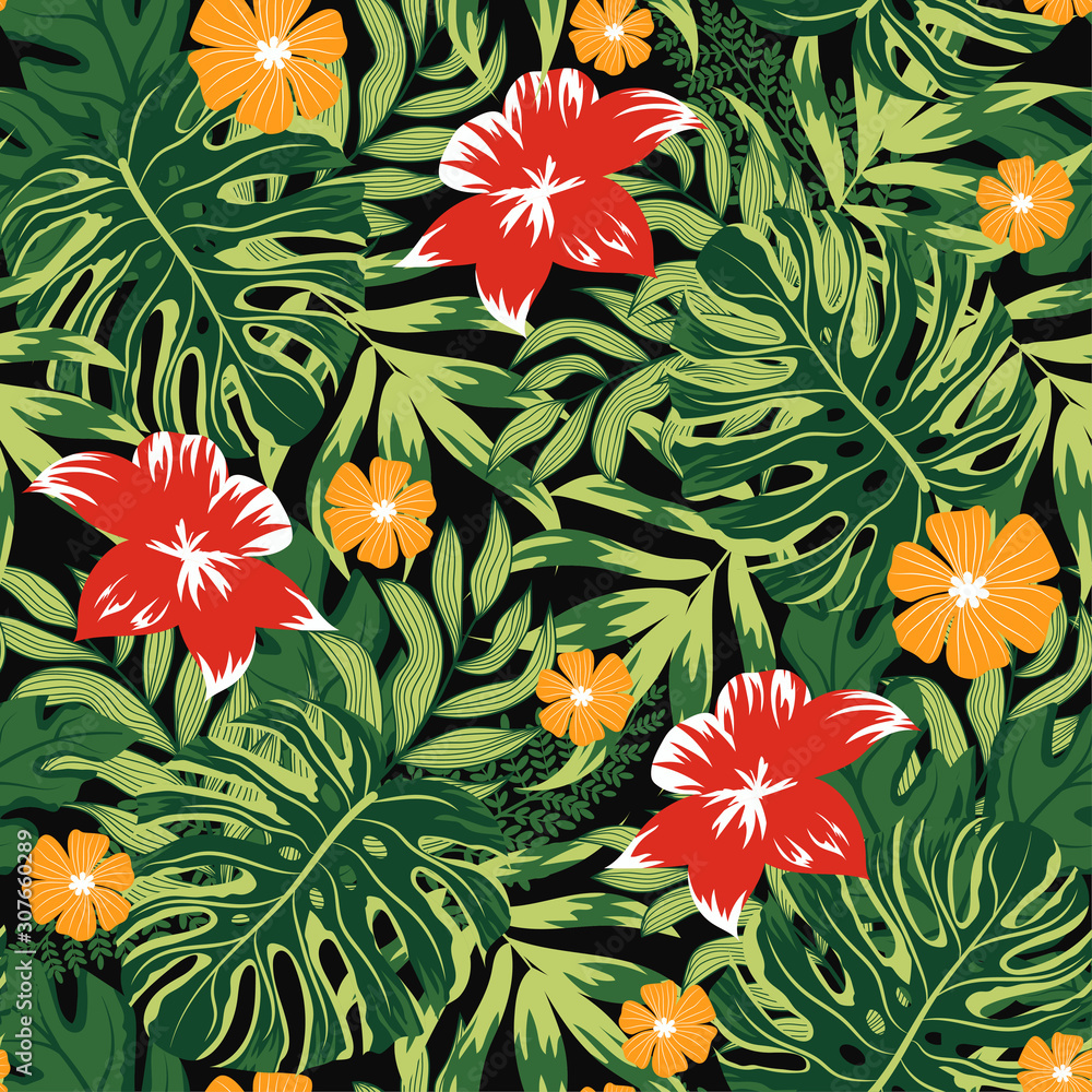 Tropical seamless pattern with green plants and leaves and colorful flowers. Trendy summer Hawaii print. Floral pattern. Jungle leaves. Botanical pattern. Vector background for various surface. Tropical seamless pattern with green plants and leaves and colorful flowers. Trendy summer Hawaii print. Floral pattern. Jungle leaves. Botanical pattern. Vector background for various surface.