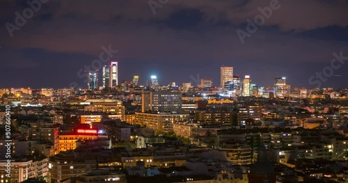 Madrid Timelapse at night, close up  view of downtown skyline. Cuatro torres and Azca skyscrapers photo