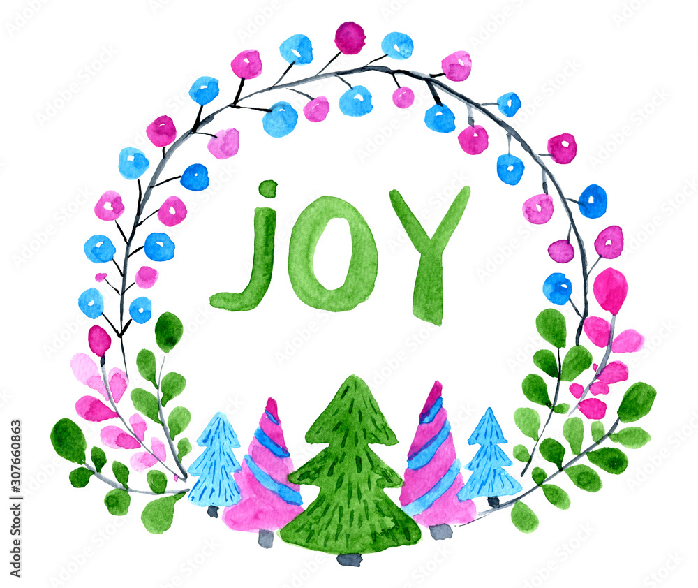 Watercolor Christmas wreath with trees and berries isolated on white background. Hand painted illustration. Watercolor lettering «Joy».  