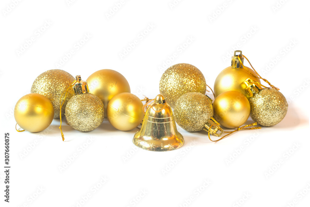 Golden baubles isolated on white background Golden baubles isolated on white background