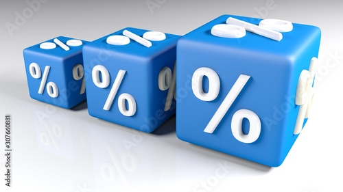 Three blue growing cubes, with percent sign, on a white surface - 3D rendering illustration