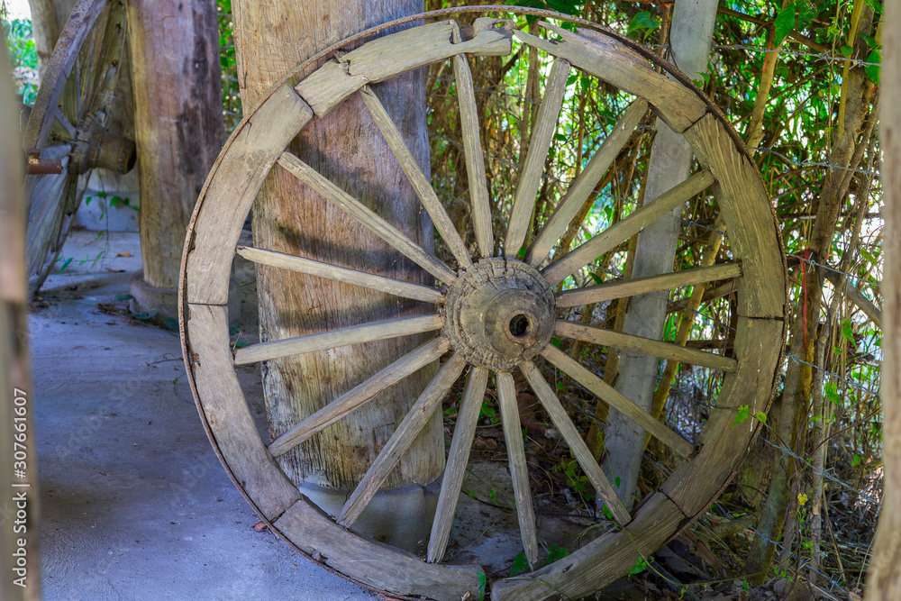 Antique wooden wagon wheel with metal rim standing upright in the garage.