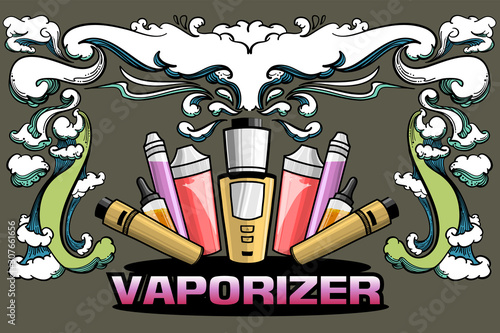 Ecig vaporizer retro style, drawing art for tattoo or T-shirt and any graphic design. Electronic cigarette use for quite smoke cigarette but legal and illegal depend on each countries. photo