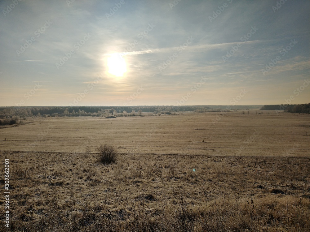 Cold autumn landscape with distant horizon with dry grass, blue sky with bright sun on forest background Cold autumn landscape with distant horizon with dry grass, blue sky with bright sun on forest background