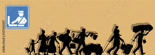 Refugees silhouette in front of brick wall