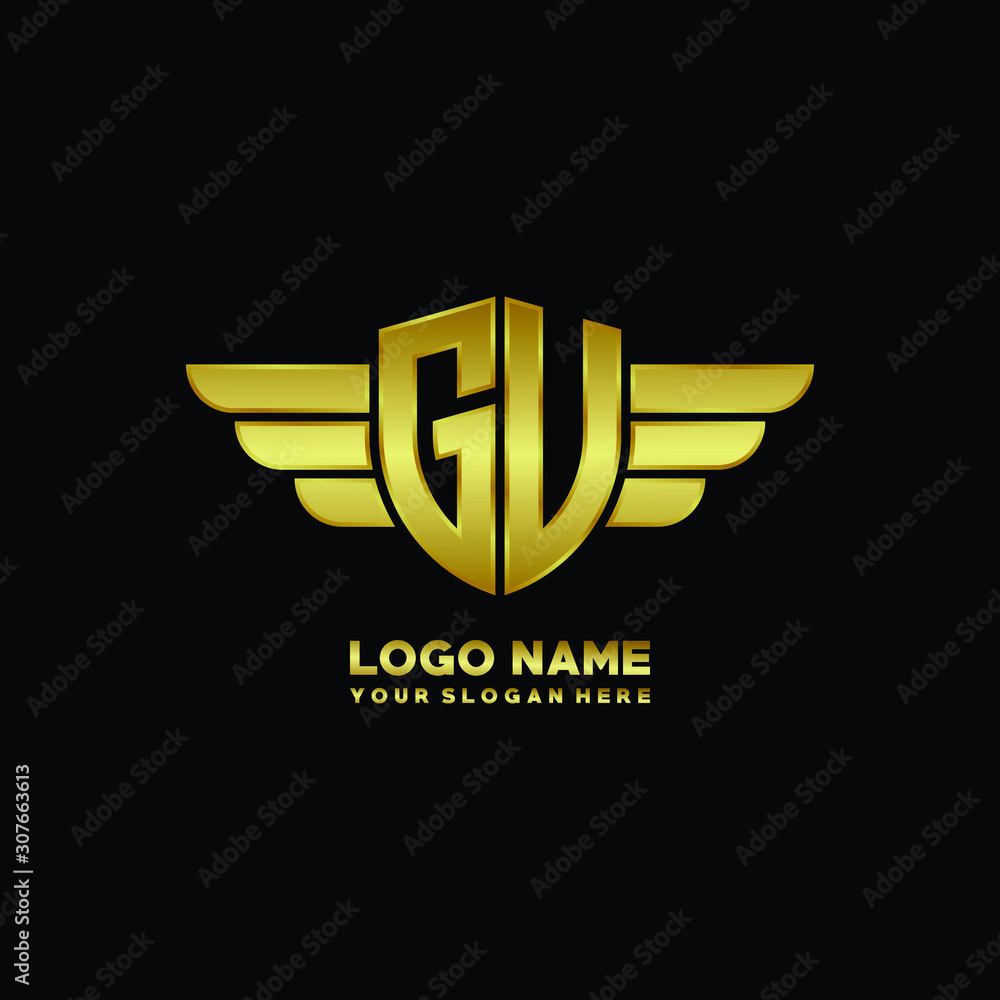initial letter A shield logo with wing vector illustration, gold color initial letter A shield logo with wing vector illustration, gold color
