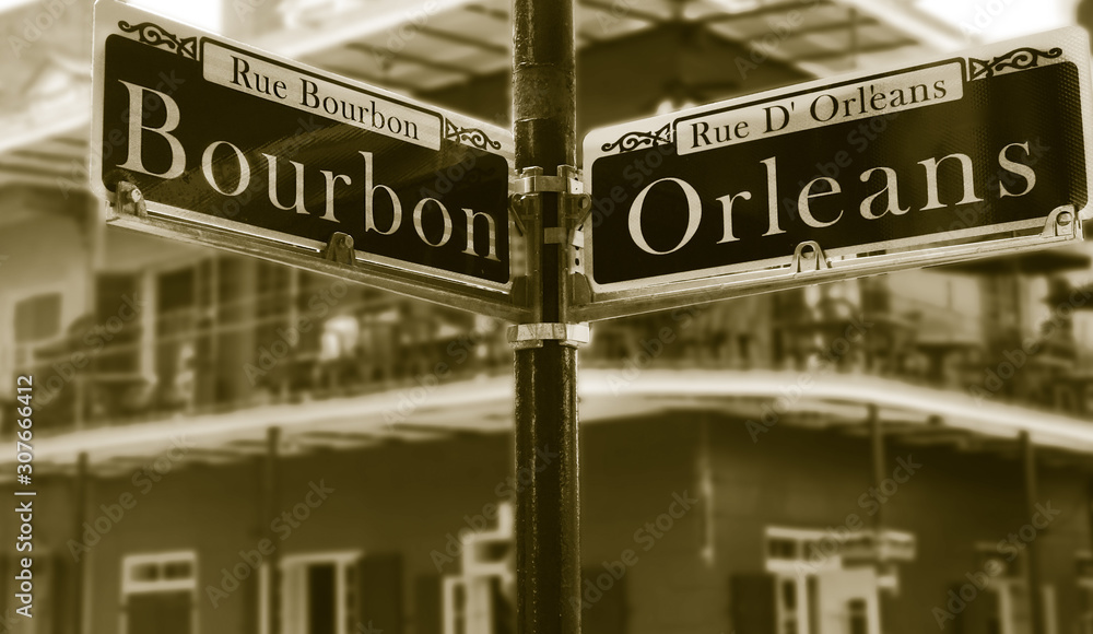 Obraz premium Corner of Bourbon Street in New Orleans French Quarter