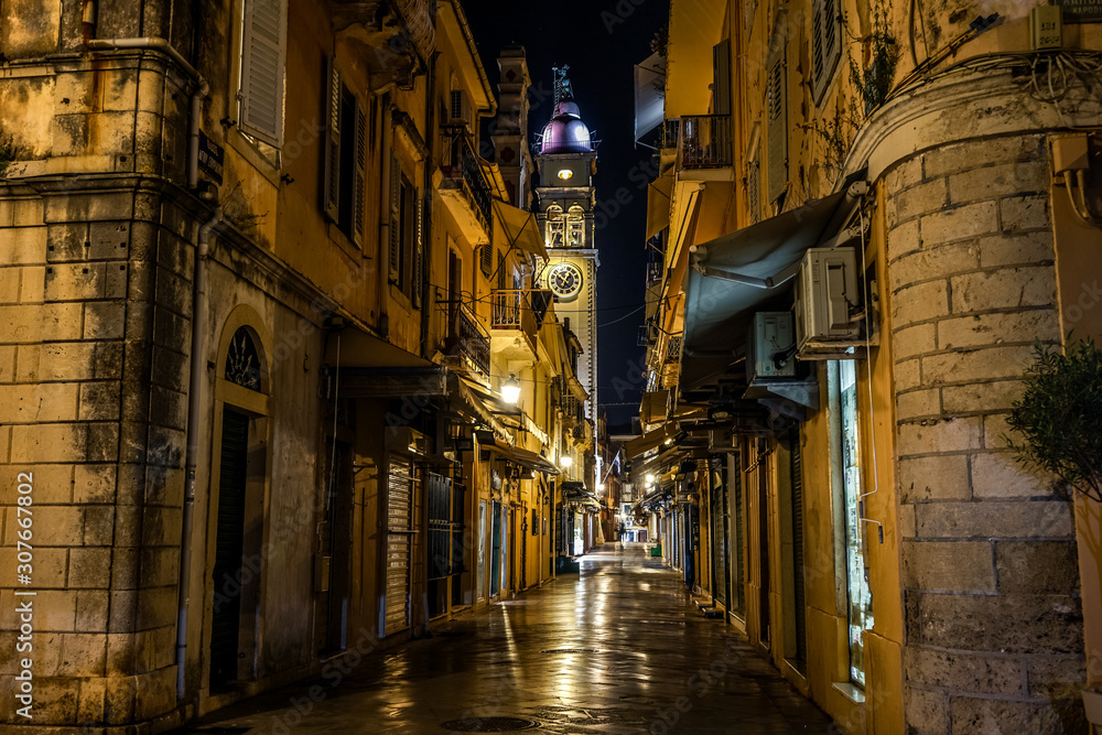 old street at night korfu
