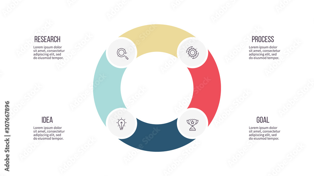 Business infographics. Circle with 4 parts, steps. Vector template. Business infographics. Circle with 4 parts, steps. Vector template.