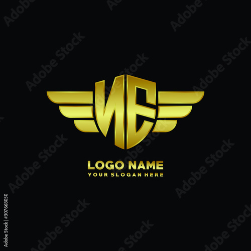 initial letter NE shield logo with wing vector illustration, gold color